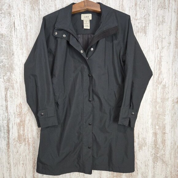 LL Bean Rain Jacket Size Medium Zipper Button Front Black Light Trench Coat - Picture 1 of 9